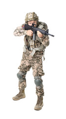 Male soldier with machine gun on white background. Military service