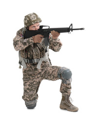 Male soldier with machine gun on white background. Military service