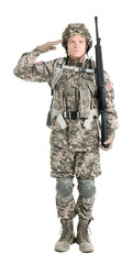 Male soldier with machine gun on white background. Military service