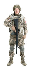 Fototapeta premium Male soldier with machine gun on white background. Military service