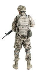 Male soldier with machine gun on white background. Military service