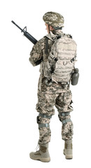 Male soldier with machine gun on white background. Military service
