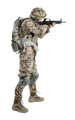 Male soldier with machine gun on white background. Military service