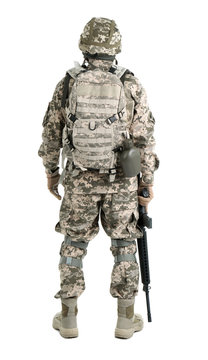 Male soldier with machine gun on white background. Military service