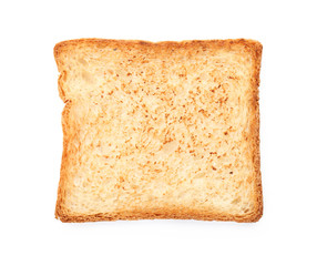 Toasted bread on white background, top view