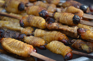 Suri - an Amazonian grub that feeds on palm sap, grilled and served as a snack food in Iquitos, Peru