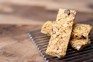 Snack bar or energy bar on cooking rack