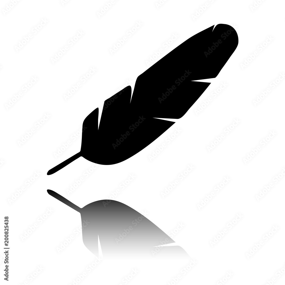 Poster simple icon of feather. black icon with mirror reflection on white background