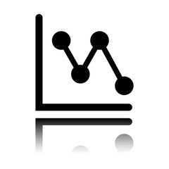 Declining graph line icon. Black icon with mirror reflection on white background