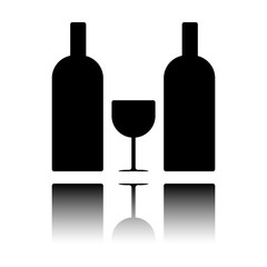 glass and bottles icon. Black icon with mirror reflection on white background