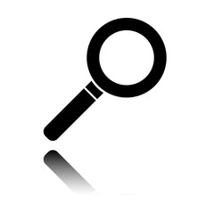 magnifying glass icon. Black icon with mirror reflection on white background