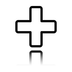 Medical cross icon. Black icon with mirror reflection on white background