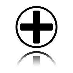 Medical cross icon. Black icon with mirror reflection on white background