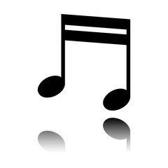 Music note icon. Black icon with mirror reflection on white background