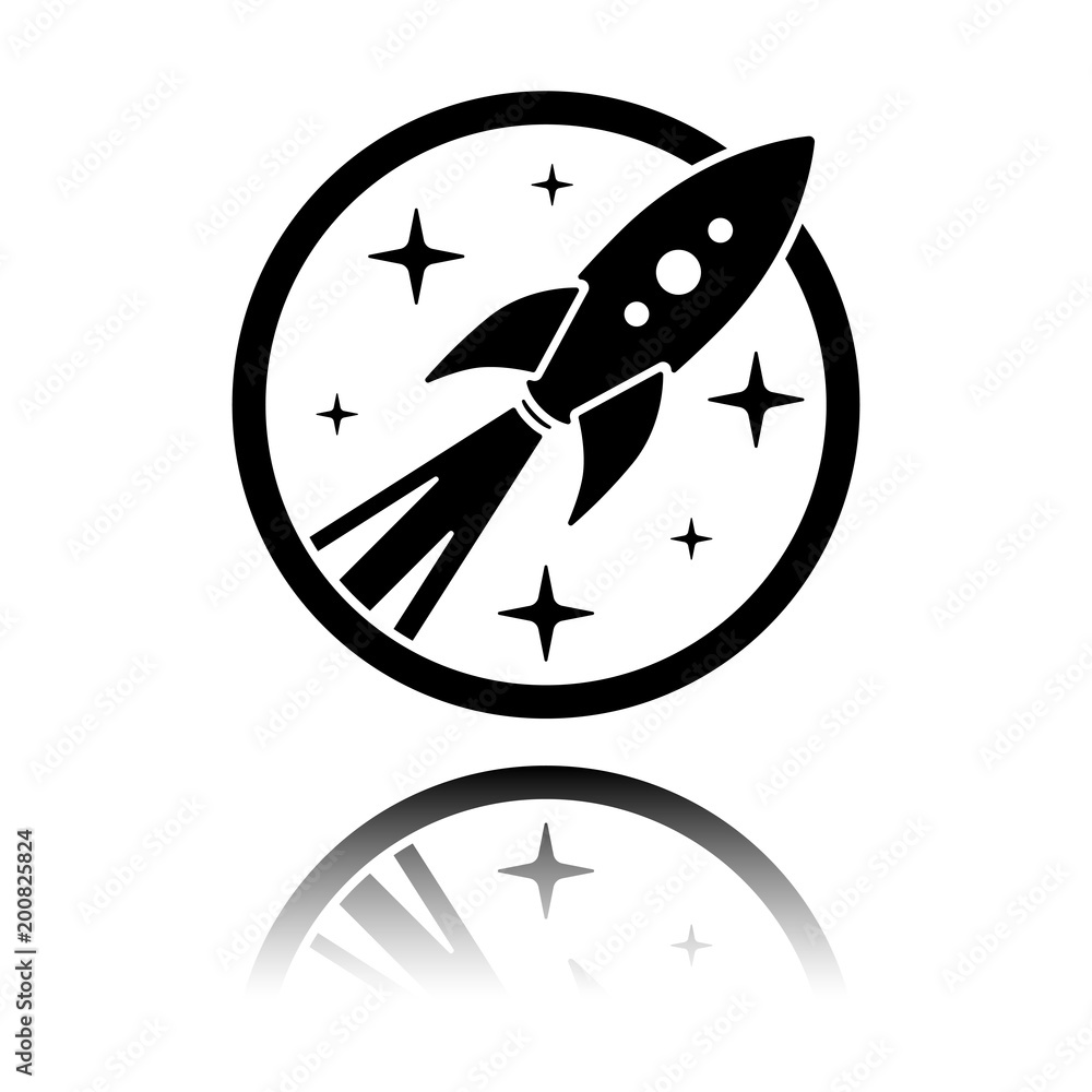 Aufkleber rocket launch with stars in circle icon. black icon with mirror reflection on white background