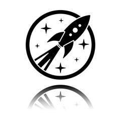 rocket launch with stars in circle icon. Black icon with mirror reflection on white background