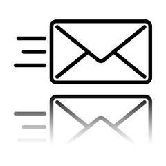 send mail icon. sms line. Black icon with mirror reflection on white background