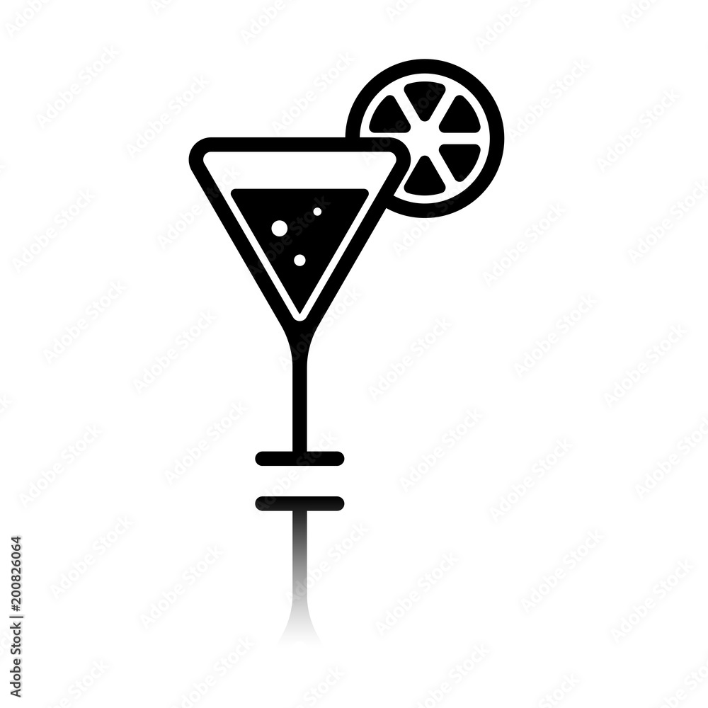 Poster cocktail with lemon slice icon. black icon with mirror reflection on white background