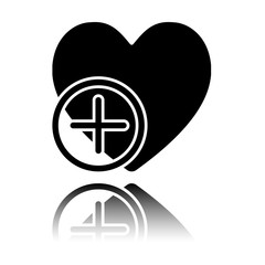 heart and plus. simple silhouette. Black icon with mirror reflection on white background