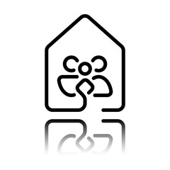 house with family icon. line style. Black icon with mirror reflection on white background