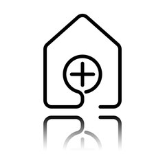 house with medical cross icon. line style. Black icon with mirror reflection on white background