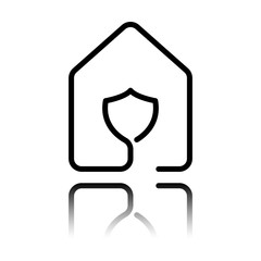 house with protect icon. line style. Black icon with mirror reflection on white background