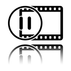 movie strip with pause symbol in circle. simple silhouette. Black icon with mirror reflection on white background