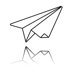 paper plane. origami glider. Black icon with mirror reflection on white background