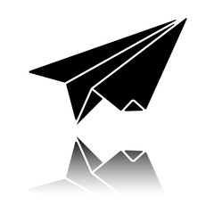 paper plane. origami glider. Black icon with mirror reflection on white background