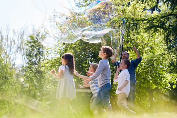 Middle-aged bearded animator presenting his soap bubble show to little children while spending summer day at green park illuminated with sunbeams - obrazy, fototapety, plakaty