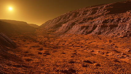 Obraz premium Mars - the red planet - landscape with mountains with sedimentary rock layers during sunrise or sunset