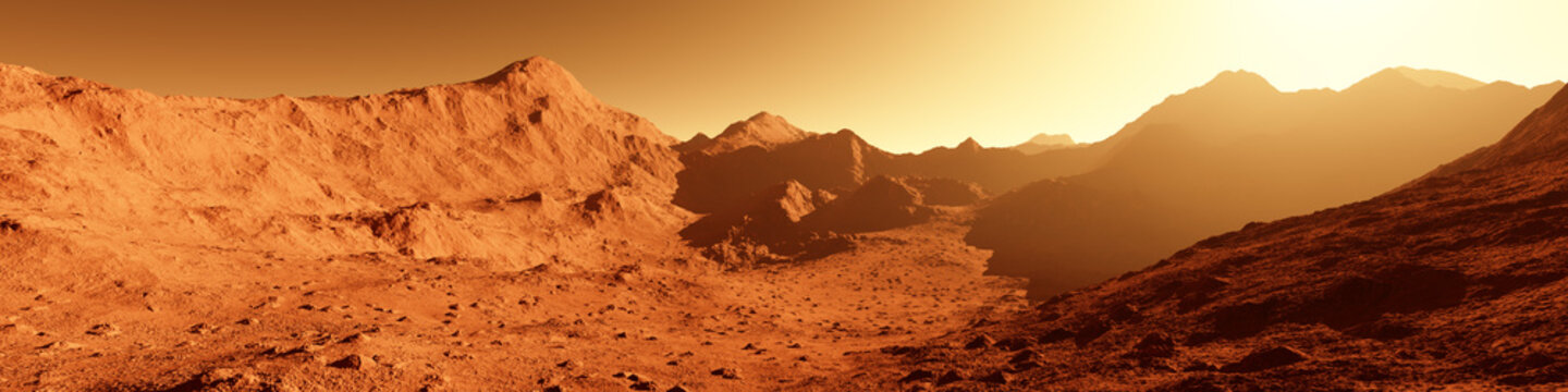 Wide panorama of mars - the red planet - landscape with mountains during sunrise or sunset