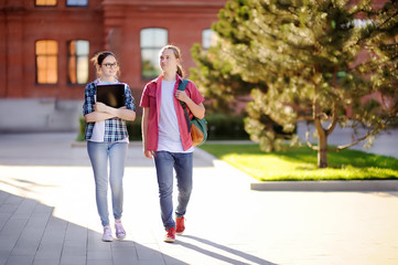 Obraz premium Młodzi szczęśliwi studenci z książkami i notatkami w kampusie uniwersyteckim