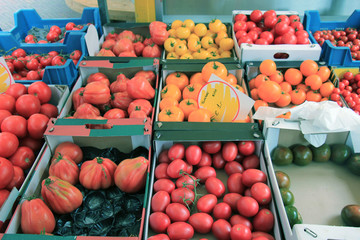 Fresh tomatoes on a market stall