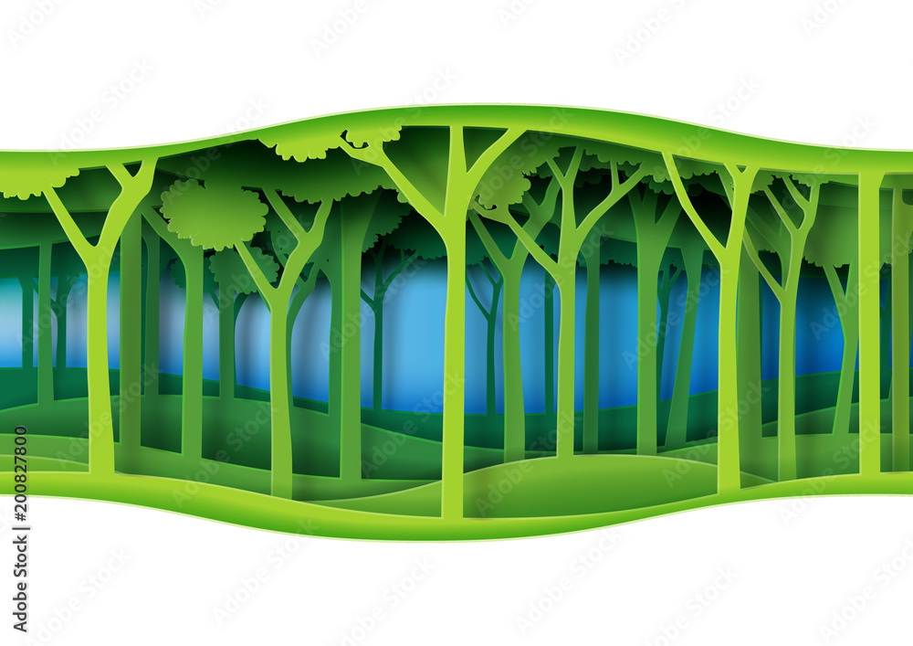 Poster green abstract nature forest with origami paper layer cut abstract nature background.ecology and env