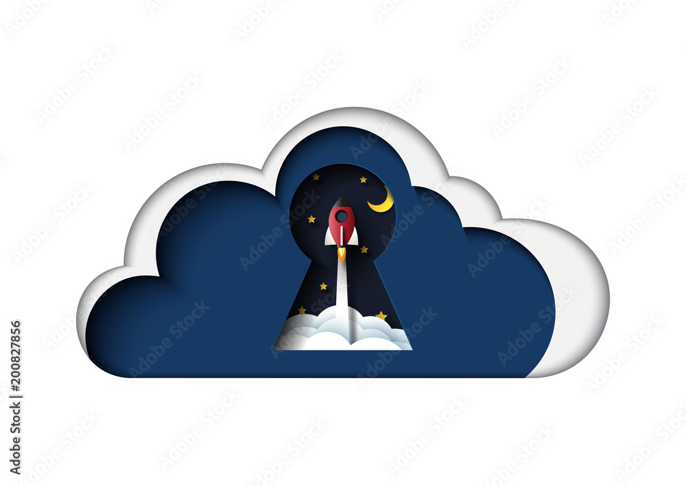 Poster Cloud computing concept icon paper art style.Business protect start up.Rocket ship flying from clouds in keyhole with paper layer cut of clouds.Vector illustration. 