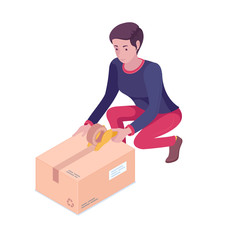 Young caucasian white woman moving to a new house and packing cardboard box. Girl taping up a cardboard box with adhesive tape. Vector cartoon isometric illustration isolated on white background.