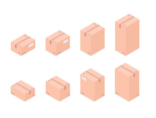 Fototapeta premium Collection of isometric cardboard boxes isolated on white background. Set of different size boxes for transportation, packaging, shipment and delivery vector cartoon illustration.