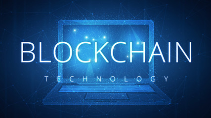 Fototapeta na wymiar Blockchain technology on futuristic hud background with laptop computer and peer to peer network. Network, e-commerce, bitcoin trading and global cryptocurrency blockchain business banner concept.