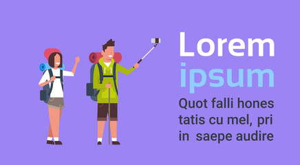 Couple Of Tourists With Backpacks Man And Woman Taking Selfie Photo Over Background With Copy Space Flat Vector Illustration