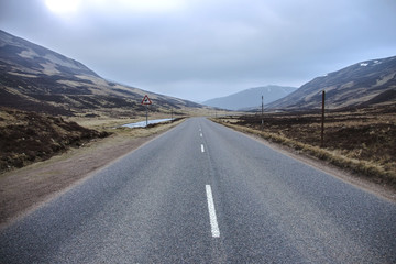 Scottish landscape. Old Military Road A93 in Royal Deeside. Cairngorm Mountains, Braemar, Ballater, Aberdeenshire, Scotland, UK.