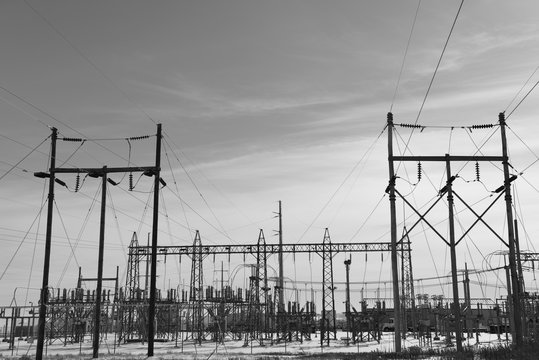 Electrical grid infrastructure, high voltage substation metal structure in South Dakota / USA. - Powered by Adobe