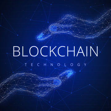 Blockchain technology on futuristic hud background with glowing polygon hands and blockchain slogan peer to peer network. Global cryptocurrency blockchain business banner concept.