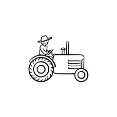 Man driving tractor hand drawn outline doodle icon. Farmer working on tractor vector sketch illustration for print, web, mobile and infographics isolated on white background.