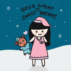 Cute girl with bear doll in sleeping dress at night time cartoon vector illustration doodle style