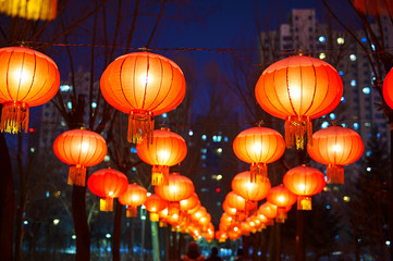 The red lanterns in the park at night.