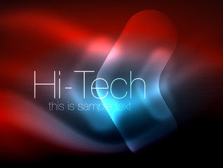 Blurred arrows in dark space. Neon pointers, glass glossy design, abstract shiny techno background, web banner