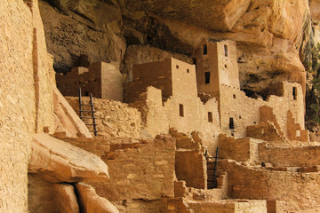 Buildings and ruins of the ancient Pueblo cliff city of Mesa Verde in Colorado
