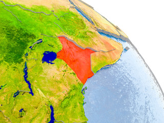 Kenya in red model of Earth