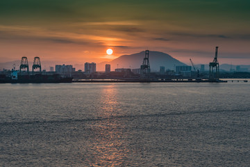 Sunrise over the port of Penang Malaysia